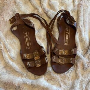Juicy Couture Brown Glitter Strap Lace-Up Sandals with Gold Buckles
